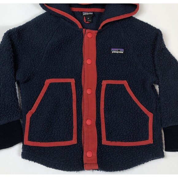 Patagonia Baby Retro Pile Fleece Snap Navy Blue Jacket Hooded Size 3T 61146 - Picture 2 of 10